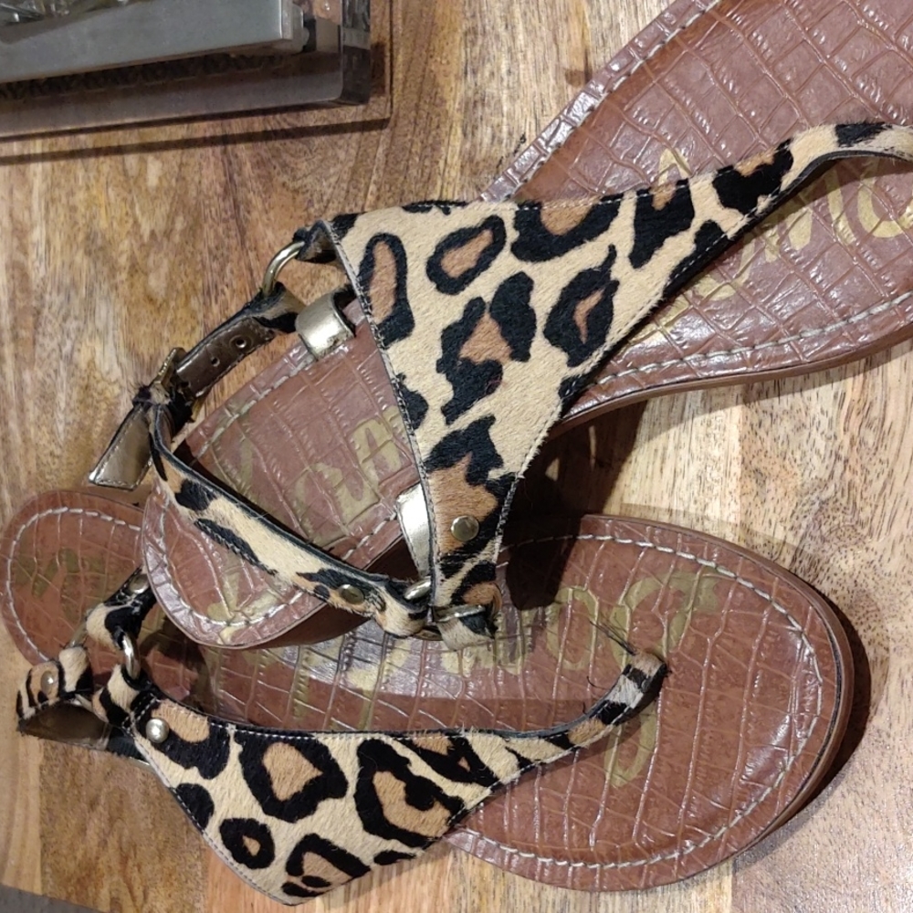 Sam Edelman pony hair leopard sandals thong slingback sz 10